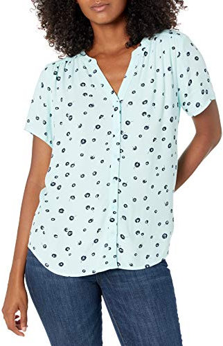 Amazon Essentials Women's Relaxed-Fit Short-Sleeved Woven Blouse, Aqua Blue Poppy, M