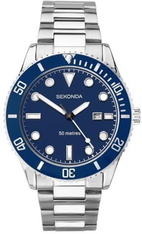 Sekonda Oceans Mens 43mm Quartz Watch in Blue with Analogue Date Display, and Silver Stainless Steel Bracelet 1789