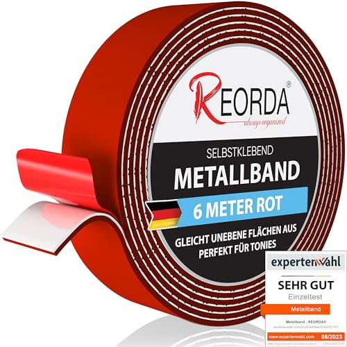 REORDA Metallband selbstklebend Rot - Ideal für Tonies®-Figuren & -Regale - Magnetband für Magnete I Ferroband I Magnetband selbstklebend I Eisenband (6m)