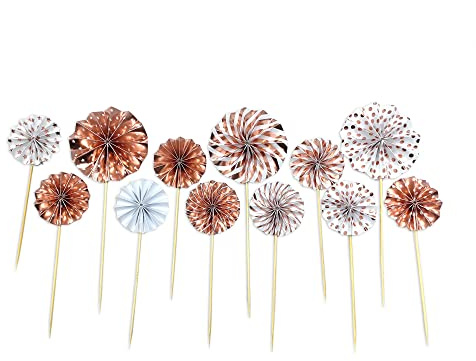 Frau WunderVoll® 12 Kuchentopper Deko Rosetten Rosegold/Topper, Kuchenstecker, Muffin, Geburtstagskuchen, Papierfächer, Kinder, Party, Hochzeit, Hochzeitstorte, Geburtstag, Candybar, Silvester