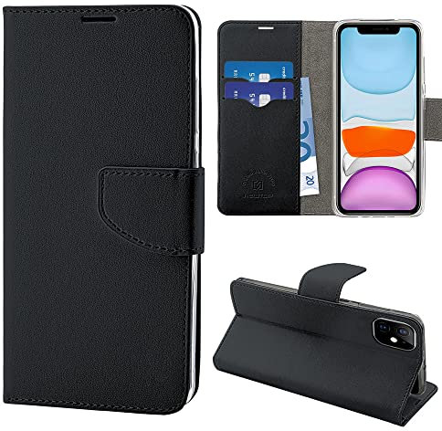 N NEWTOP Cover Compatibile con Apple iPhone 11, HQ Lateral Custodia Libro Flip Chiusura Magnetica Portafoglio Simil Pelle Stand (Nero)
