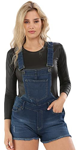 True Face Ladies Dungaree Denim Stretchable Women Sleeveless Jeans Short Dress Braces Hot Pants Dark Wash 12