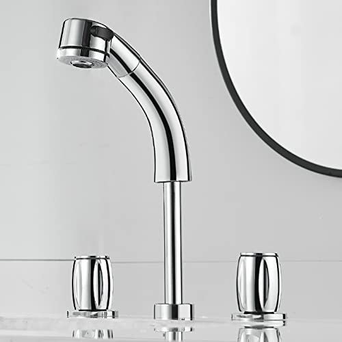 Robinet Lavabo 3 Trous, Mitigeur Lavabo 3 Trous Escamotable Pivotant Eau Chaude et Froide Extractible Mitigeur Lavabo Chrome