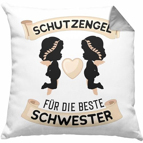 Schutzengel Schwester Kissen mit Füllung 40x40 Geschenk für Schwester Geschenkidee Beste Schwester Geburtstag (Grau)