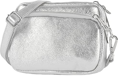 modamoda de - T231 - ital. Umhängetasche Klein Small aus Leder, Farbe:Silber-Metallic