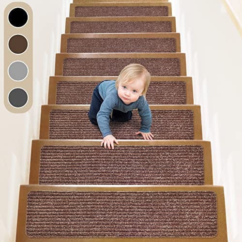 ToStair Stufenmatten, 76cmx20cm(15 stück) Anti-Rutsch Treppen Treppenstufen für Holzstufen, Stufenschutz Stufenteppich Innenbereich für Kinder Ältere und Hunde,Braun