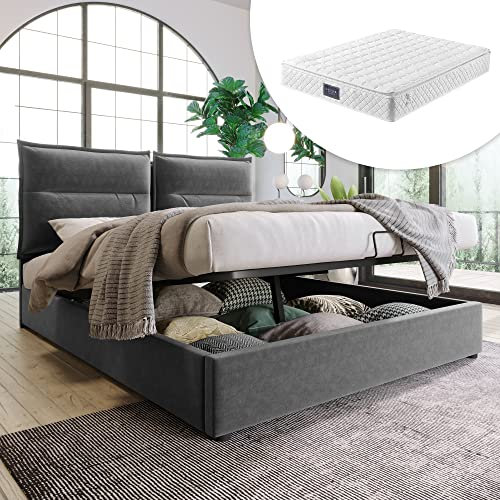 Hydraulisch Doppelbett Polsterbett 140x200cm,Verstellbares Kopfteil, Bett mit Lattenrost aus Metallrahmen, Samt, Modernes Bettgestell mit Stauraum, Großer Stauraum (Mit Matratze) (Grau)