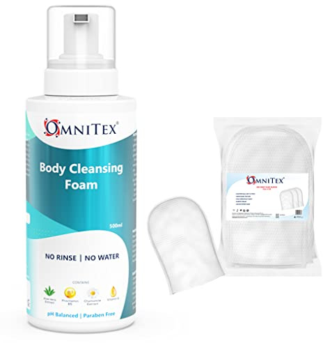 500ml Omnitex Rinse Free Body Cleansing Foam + 50pk Dry Wash Gloves | Herbal Oils & Vitamins | No Water, No Rinse Body Wash with Dry Wipes | No Parabens, Latex & Alcohol Free | Dermatologically Tested