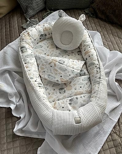 WEIß Waffelpique/HASE Beige-Weiß Babynest Babyaustattung Neugeborene Baby Unterlage Reisebett Nestchen SOLO/o. in PREMIUM Geschenk SETS (Nestchen + MATRATZE (Ersatzboden) + Bärchen)