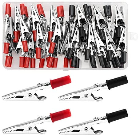 VooGenzek 60 Pezzi Morsetti a Coccodrillo, Coccodrillo Clip per Test in Metallo, per Test Elettrici di Laboratorio e Cavo Clip, con Batteria Clip di isolamento (Rosso Nero)