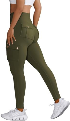 Nuofengkudu Damen Sport Cargo Leggings mit Taschen High Waist Stretch Cargohose Eng Hosen Push up Sportleggins Stretch Jeggings Gym Fitness Outdoor Workout Sporthose Y-Armee Grün L