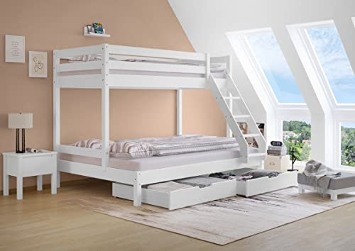 Erst-Holz Doppel-Etagenbett 140x200 und 90x200 Erwachsenen-Stockbett Kiefer Massivholz weiß V-60.18W-09-14, Ausstattung:Rollrost und Doppelbettkasten inkl.