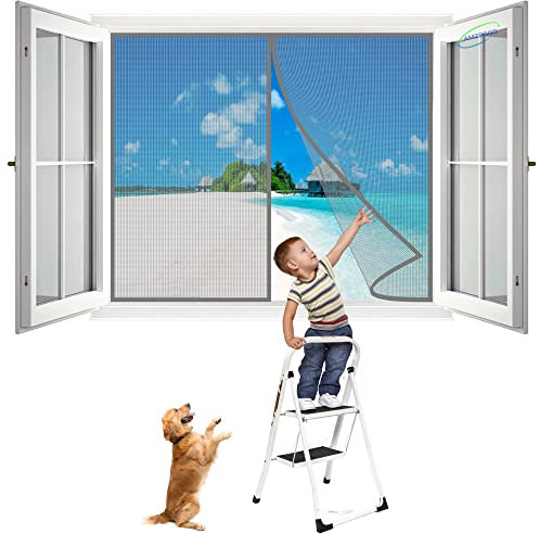 Mesh Fly Curtain, 225x215 cm Insektenschutz BalkonFenster Fliegenvorhang ohne Bohren Vorhang für BalkonFenster Wohnzimmer TerrassenFenster SchiebeFenster- Grau H