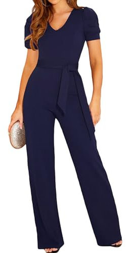 Coloody Damen Lang Jumpsuit Overall Hosenanzug V Ausschnitt Elegant Romper Kurzarm Rundhals Playsuit mit Gürtel Hosenanzug Breite Weites Bein Overall