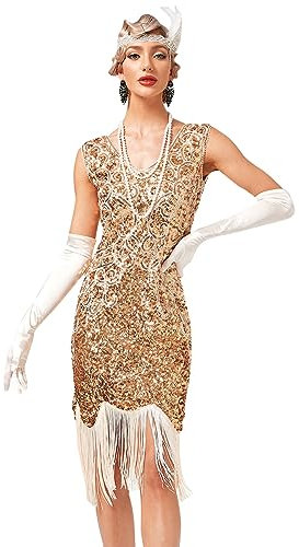 Odizli 20er Jahre Kostüm Damen Vintage Gatsby Glitzer Pailletten 1920er Charleston Flapper Fransenkleid Frauen Sexy Ärmellos V-Ausschnitt Kurz Abendkleid Hochzeit Party Cocktailkleid Gold S