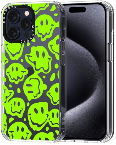 MOSNOVO Case for iPhone 15 Pro Max, [Buffertech 6.6ft Military-Grade Drop Protection] [Anti Peel Off Tech] Clear TPU Bumper Phone Case Cover Design - Distorted Green Smiles Face