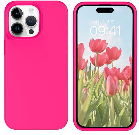 DOMAVER Case for iPhone 15 Pro Liquid Silicone, Slim Lightweight Soft Gel Rubber Microfiber Lining Cushion Shockproof Protective Cover for iPhone 15 Pro Max 6.7 inch, Hot Pink