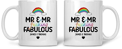 Rib ticklerz - Personalised Couples 10oz Ceramic Mug Set Mr & Mr Fucking Fabulous Gay LGBTQ Custom Wedding Gifts Engagement Anniversary Wedding Present New Home Tea Cup - MG630
