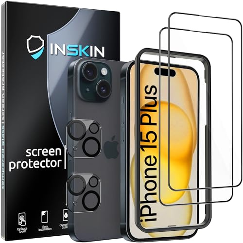 Inskin Matte Anti Glare Tempered Glass Screen Protector for iPhone 15 Plus 6.7 inch [2023] - Ultimate 2+2 Bundle with HD Clear Camera Lens Guard and Auto Alignment Tray, Case Compatible