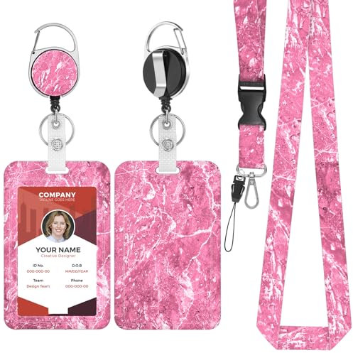 Amaxiu Porte Carte Retractable Avec Cordon, porte ID badge d'identité avec lanière amovible et porte badge en rouleau rétractable pour enseignant infirmière médecin étudiant (marbre rose)