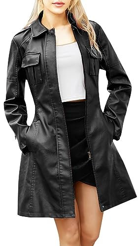 Lederjacke Damen Schwarz -Bikerjacke Damen Kunstleder Kunstlederjacke Lang Motorradjacke mit Reißverschluss und Gürtel Ledermantel Moto Biker Mantel Stehkragen Outdoor Jacken für Frauen