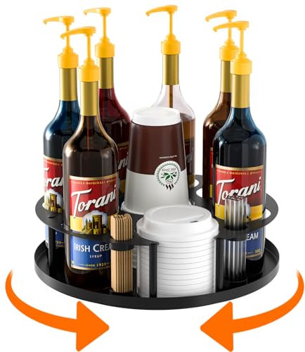 ZDDLOINP Coffee Syrup Organizer 8 Bottles, Rotating Coffee Syrup Holder with Stirrers Storage for Syrup Bottles, Cup and Lid, Wine Display, Syrup Rack Stand for Coffee Bar Organizer, Kitchen