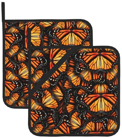 Wurton Set di 2 presine arancioni con stampa di farfalle monarca, resistenti al calore, per cucina, casa, forno, microonde, barbecue, idea regalo
