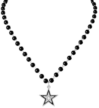 MILAKOO 6mm Schwarz Y2k Choker Gothic Punk Emo Perlen Boho Damen Halskette für Halloween Karneval Party (Strass Pentagramm)