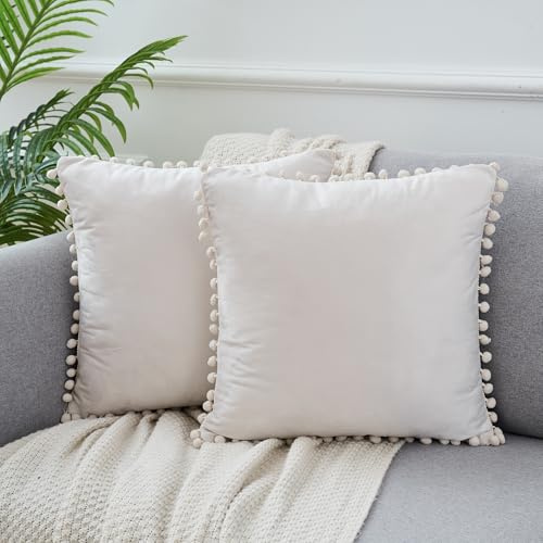 Uxcell 2 Stück Samt-Kissenbezüge mit Pompons dekorative Kissenbezüge Fransen-Kissenbezüge Samt quadratisch für Bauernhaus Schlafzimmer Wohnzimmer Beige 50 x 50 cm