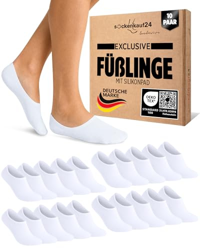 sockenkauf24 10 Paar Füßlinge für Damen & Herren - Unsichtbare Sneaker Socken aus atmungsaktiver gekämmter Baumwolle mit Silikonpad gegen Verrutschen