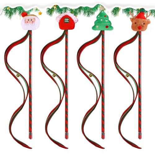 PORUPAEL 4 giocattoli per gatti di Natale giocattolo per gatti di Natale bacchetta giocattolo interattivo per gatti con campane Babbo Natale cappello di Natale albero di Natale alce gatto bacchetta