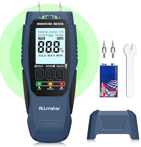 ALLmeter 2-in-1 Pin and Pinless Moisture Meter Wood Moisture Detector for Home Renovation, Professional Construction, and Woodworking