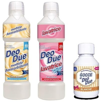 Set Deo Due Detersivo Lavatrice Fiori Bianchi + Ammorbidente Fiori Rosa+ Gocce Bucato Fragranza Fiori Bianchi, Tris Deo Due Ultra Profumato