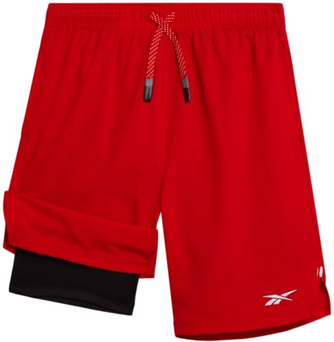 Reebok Jungen Shorts – 2-in-1-Basketball-Shorts mit Kompressionsfutter und Taschen – Gym und Running Jungen Athletic Shorts, Rot/Ausflug, einfarbig (Getaway Solids), 10-12