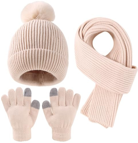 Yaopelky Niño Niña Gorro Beanie Bufanda Guantes con Pantalla táctil Juego de Gorro Tejido Cálido con Pompón Bufanda Larga para el Cuello Calentadores de Manos, beige, Einheitsgröße für Kinder von 4-10