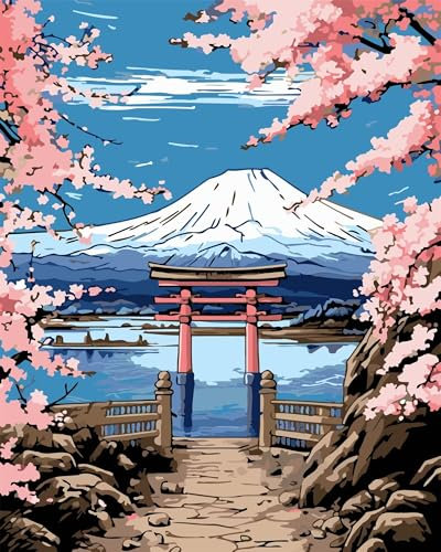 Yoonqun Malen Nach Zahlen Erwachsene,Japanische Berglandschaft Paint by Numbers Malen Nach Zahlen Set,DIY mit Pinseln und Acrylfarben Handgemalt Ölgemälde Leinwand für Home Décor,mit Rahmen 60x75cm