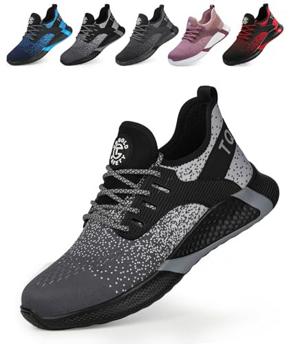 tqgold Sicherheitsschuhe Herren Arbeitsschuhe Damen Stahlkappenschuhe Leicht Atmungsaktiv Schutzschuhe rutschfest Sportlich Industrie Schuhe(8195 Grau,46EU)