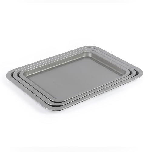 Salter Essentials 3-Piece Baking Tray Set – Non-Stick Coating, 31/35/39 cm Stackable Oven Sheets, Dishwasher Safe, Easy to Clean, Made in The UK, Durable Chip Trays, Lightweight, PFOA-Free, BW13674