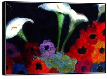 SDYSKKUG Emil Nolde Bild. Berühmte Leinwandbilder Druck auf Leinwand. Calla-Lilien und Anemonen. Kunstdruck Reproduktion Fertig zum Aufhängen 85x60cm Schwarz Rahmen