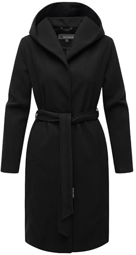 MARIKOO Damen Übergangsmantel lang Wickelmantel leichter Trenchcoat in Wolloptik mit Taillengürtel und Kapuze Kailii 16 XS-3XL