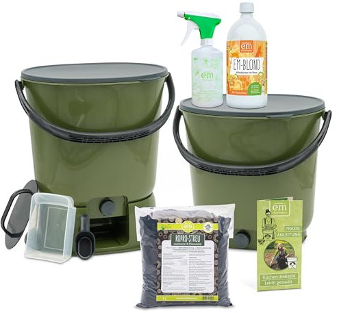EM-Chiemgau Komposteimer Küche Geruchsdicht [2er Set] je 15,3 L Volumen Küchenabfalleimer Bokashi Set Eimer Komposter mit Zubehör für Küchenabfall, Mülltrennung & Kompostieren | Biomülleimer (Olive)