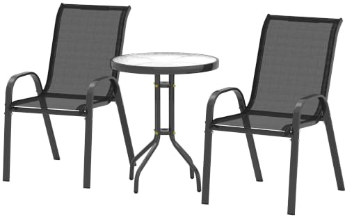Outsunny Set da Bistro 3 Pezzi con 2 Sedie Tavolino Rotondo Nero | Set Tavolo e Sedie da Giardino, Acciaio e Vetro, Sedie Traspiranti Impilabili, per Patio, Cortile, Balcone