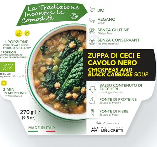 Agricola Miglioretti Zuppa Biologica di Ceci e Cavolo Nero Pronta in 3 Minuti - Vegana, Senza Glutine e Senza Conservanti per un Pasto Sano e Delizioso