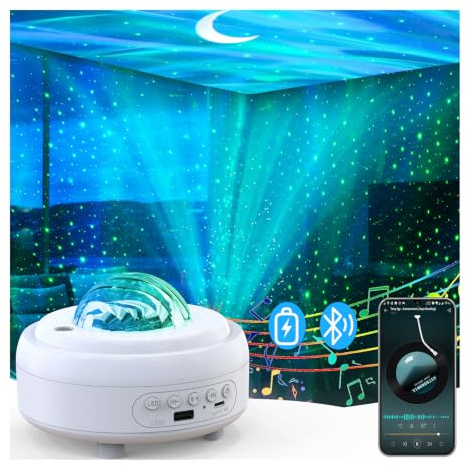 HUMIIEYE Star Projector with Bluetooth Speaker, 1800mAh Battery Operated Night Light Galaxy Projector, Northern Lights Aurora Projector with Moon, Mood Ambient Lighting for Bedroom Kids Girls Adults