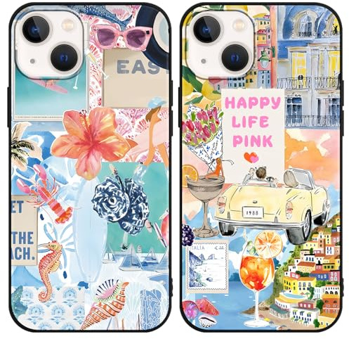Phoona 2 Pack Cute Case for iPhone 13 Mini 5.4, European Collage Preppy Summer Girly Design Pattern for Girls Women, Slim Soft Silicone Shockproof Bumper Protector Cover, Blue 03