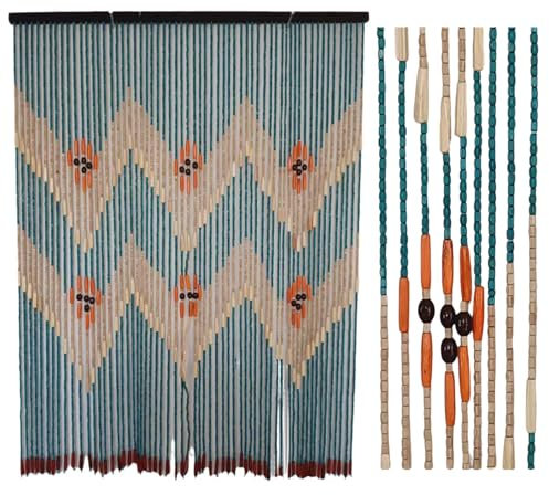 Cammeciso Rideau De Porte Perles,Rideau De Perles en Bois,60 Racines Rideau De Porte en Perles,Rideau De Perles en Bois Vintage,Rideau Perlé en Bois pour Porte,Faits à Main,90 * 110cm,Bleu