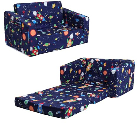 decalsweet Faltbarer KinderSofa-Rückenlehen-Sessel 2 in 1, Standfest Kindersessel mit Stofftasche und Rutschfestes Kissen, Weiche Leichte Flip Open Kinderstuhl für Schlafzimmer Spielzimmer, Raketen