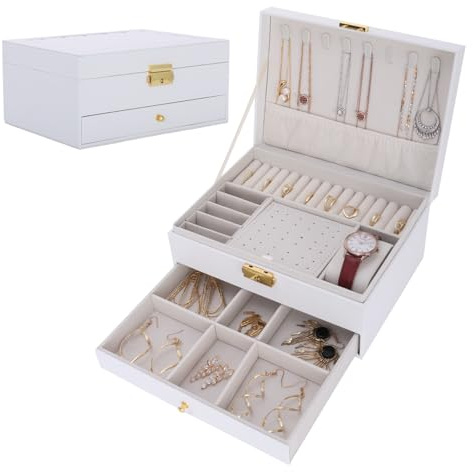 EVEOUT 2-Schicht Schmuckkasten aus Kunstleder Aufbewahrungsbox für Ohrringe, Ringe, Halsketten Vintage Schmuckdose mit Schubladen & Uhrenkissen