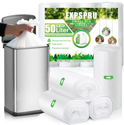 Expspru 50L Bin Bags Heavy Duty Bin Liners Large Wastebasket Bin Bags Kitchen Trash Can Bags,60 Count,White