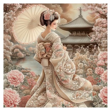 Japanese Kimono Geisha Puzzle 1000 Piece for Adults, Spring Colorful Cherry Blossom Flower Jigsaw Puzzle, Vintage Garden Nature Art Puzzles